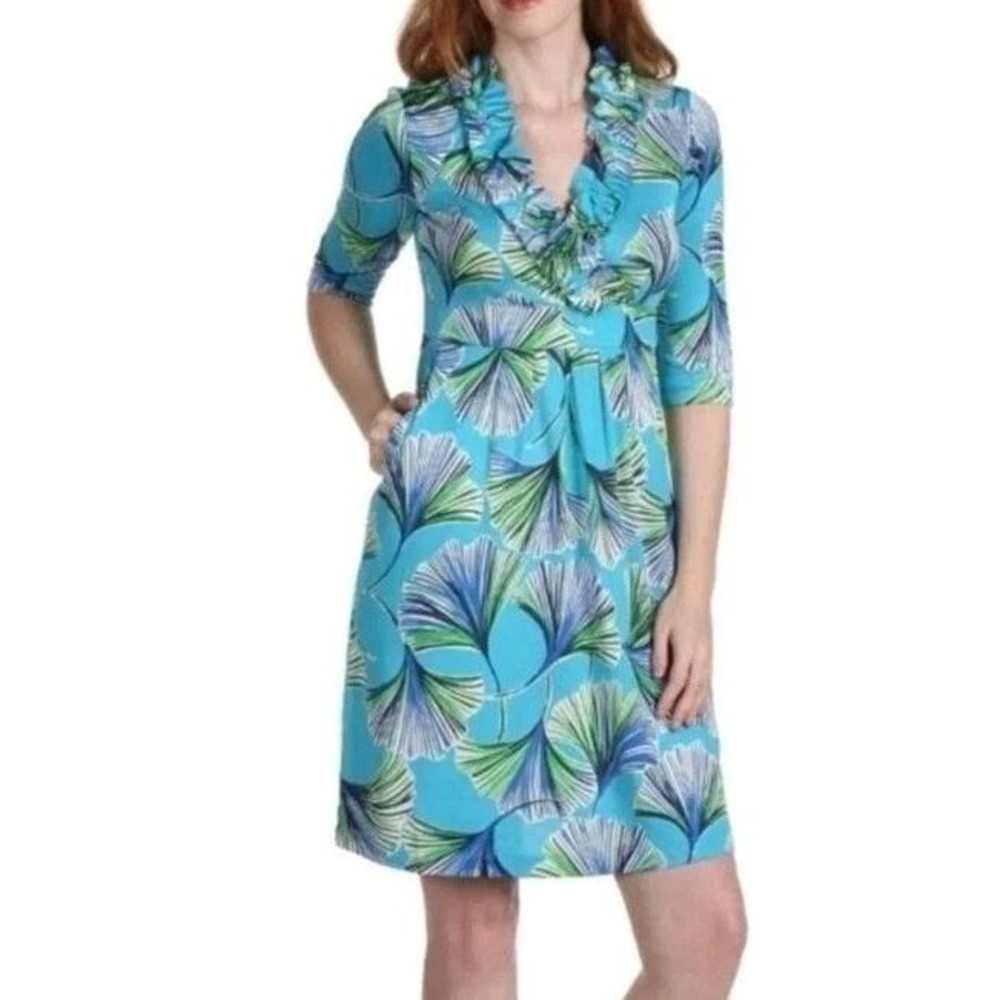 Good‎ Lilly Pulitzer Ginkgo Print Dress Womens XS Blue Good Silk Blend Ruffle